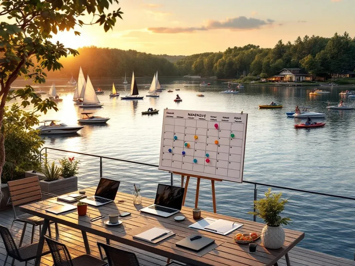 Luchtfoto van zakelijke vergadertafel aan meer tijdens gouden uur met laptops, kalender en watersportactiviteiten op achtergrond