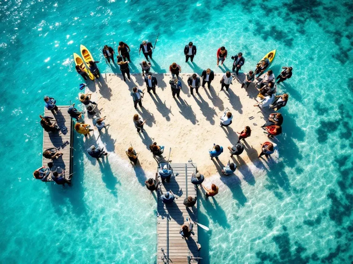 Luchtfoto van bedrijfsteams in verschillende groepsgroottes tijdens teambuilding activiteiten aan waterkant met kano's