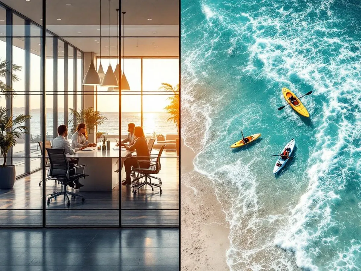 Zakelijke vergaderruimte en watersportactiviteiten aan waterkant, professionals en recreatieapparatuur in moderne locatie