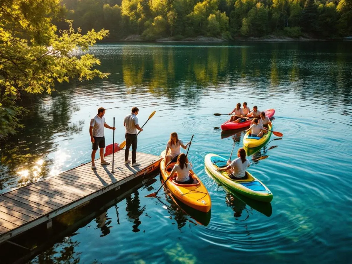 Zakelijke professionals in polo's doen aan kajakken en paddleboarden op helder meer bij gouden zonsondergang