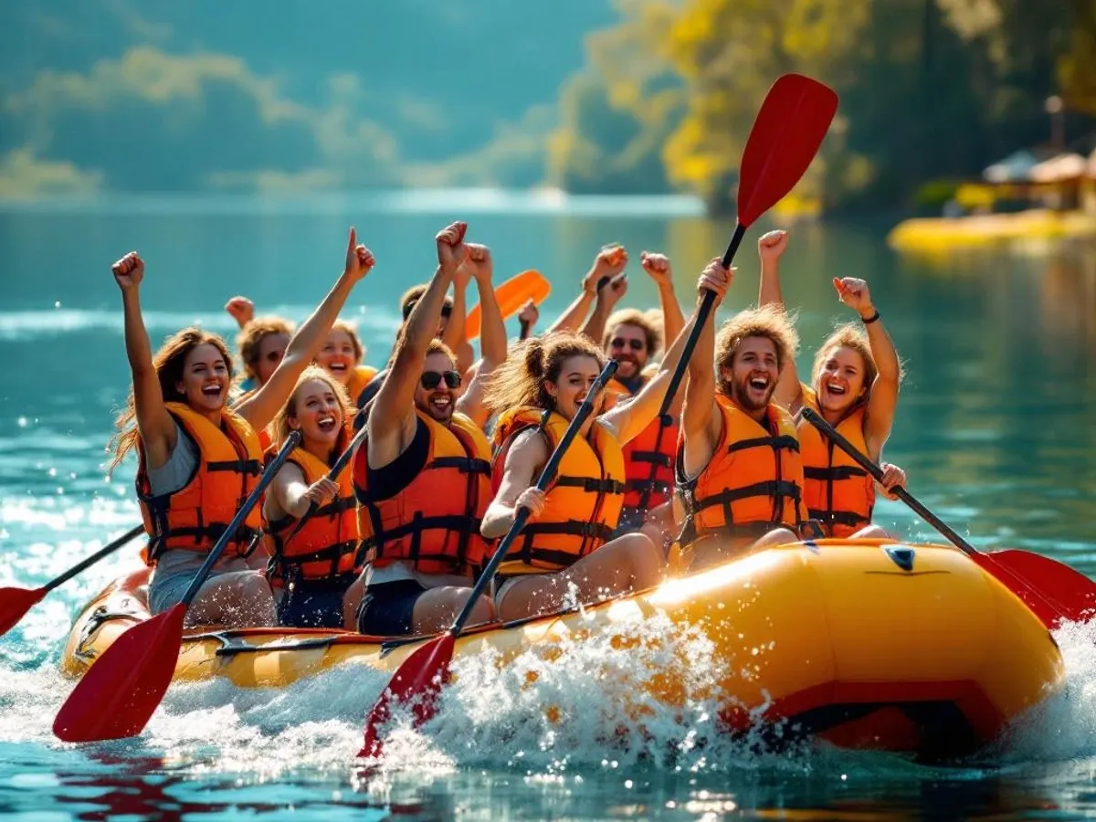 Diverse zakenmensen in reddingsvesten roeien samen in teamraft op helder meer tijdens bedrijfsuitje