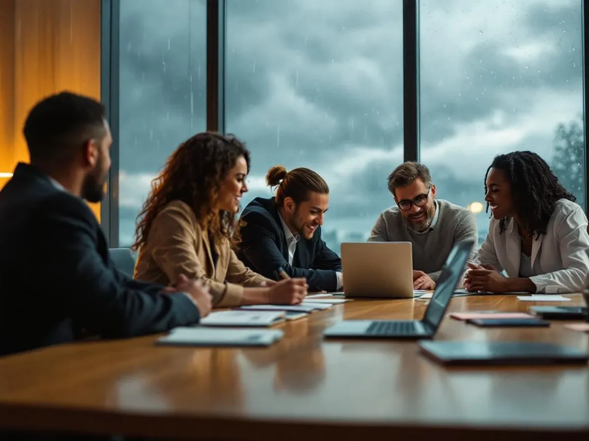 Zakelijke professionals in discussie rond vergadertafel in modern kantoor tijdens regenachtige dag