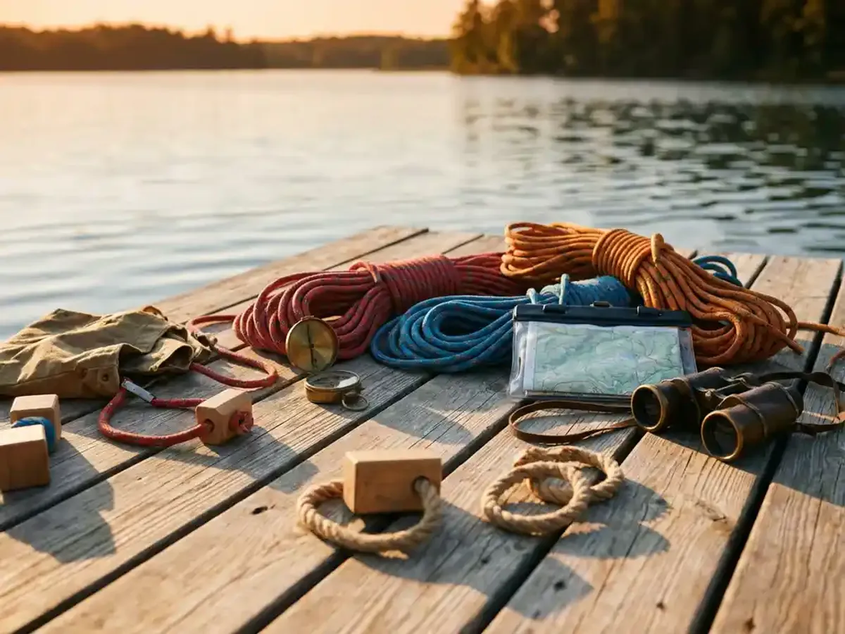 Kleurrijke outdoor avontuuruitrusting op verweerde houten steiger bij kalm meer, inclusief klimtouwen, kompas en verrekijker