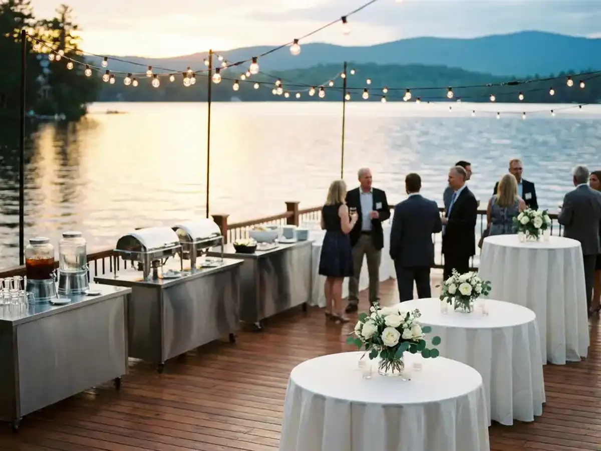 Elegante zakelijke evenementopzet op houten terras aan meer met witte tafels, bloemstukken en sfeerlichten