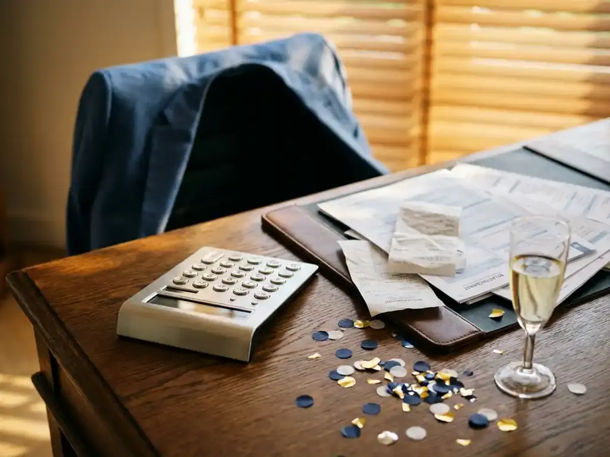 Zilveren rekenmachine op houten bureau naast Nederlandse belastingdocumenten, champagne en confetti in gouden licht