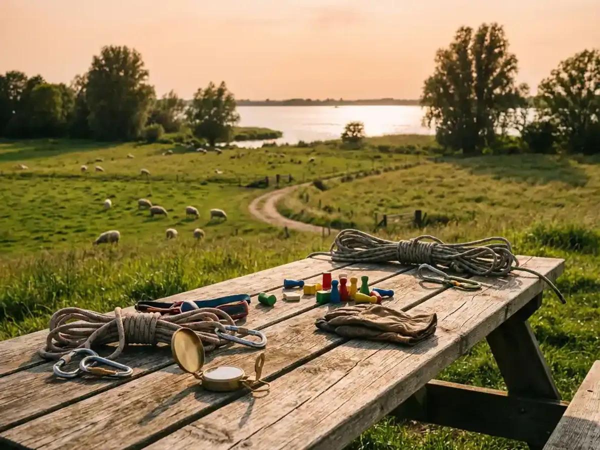 Houten picknicktafel met kleurrijke buitenactiviteiten uitrusting inclusief touwklimmateriaal en kompas, omringd door groen Nederlands landschap met Eemmeer op achtergrond