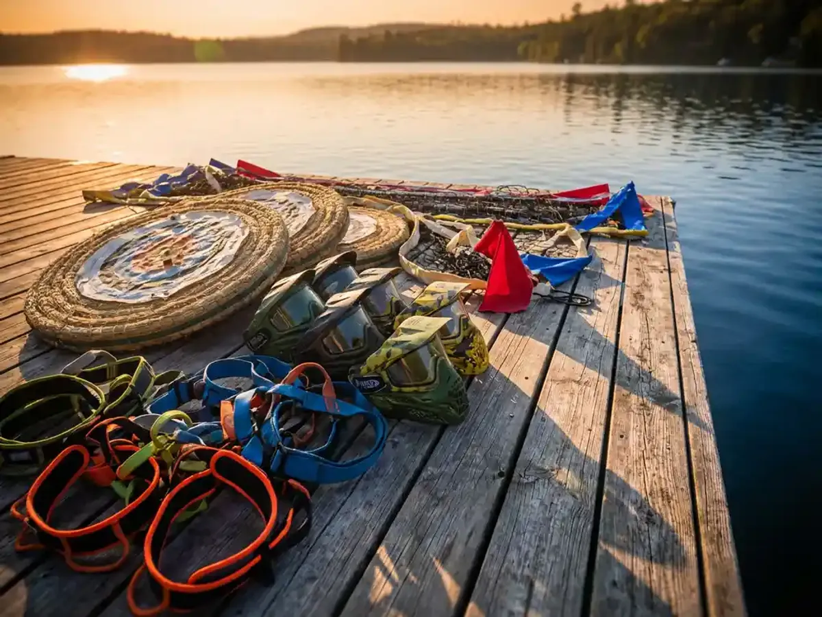 Kleurrijke outdoor sportuitrusting zoals klimgordels, paintballmaskers en boogschiettargets op verweerde houten steiger bij meer