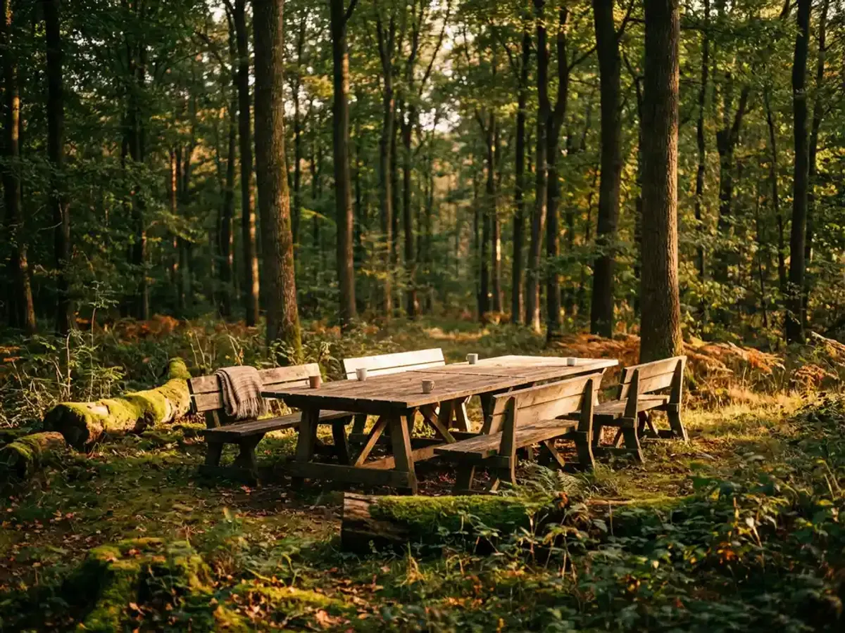 Rustieke houten vergadertafel tussen hoge bomen in Nederlands bos met gefilterd zonlicht en mosbegroeiing
