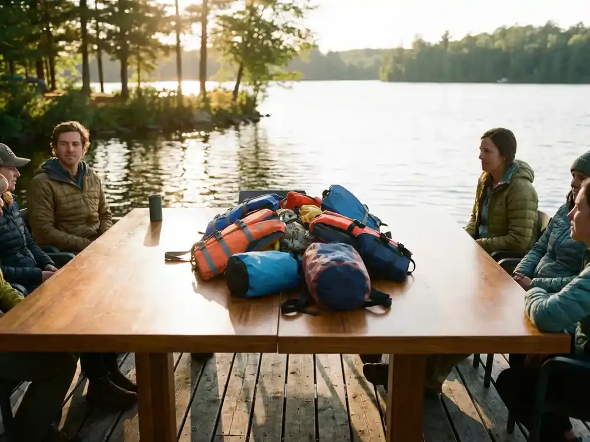 Conferentietafel op houten steiger met kleurrijke reddingsvesten en waterdichte tassen, kalm meer in gouden uurtje