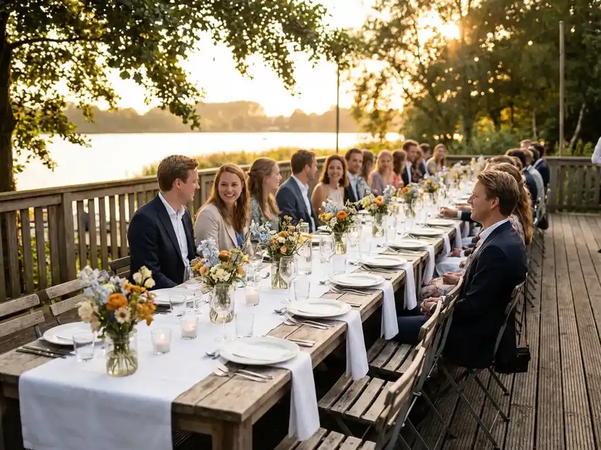 Wat kost een etentje voor 50 personen? Elegante outdoor dinertafel voor vijftig gasten met uitzicht op Eemmeer, witte servies op linnen tafelkleden met wilde bloemen