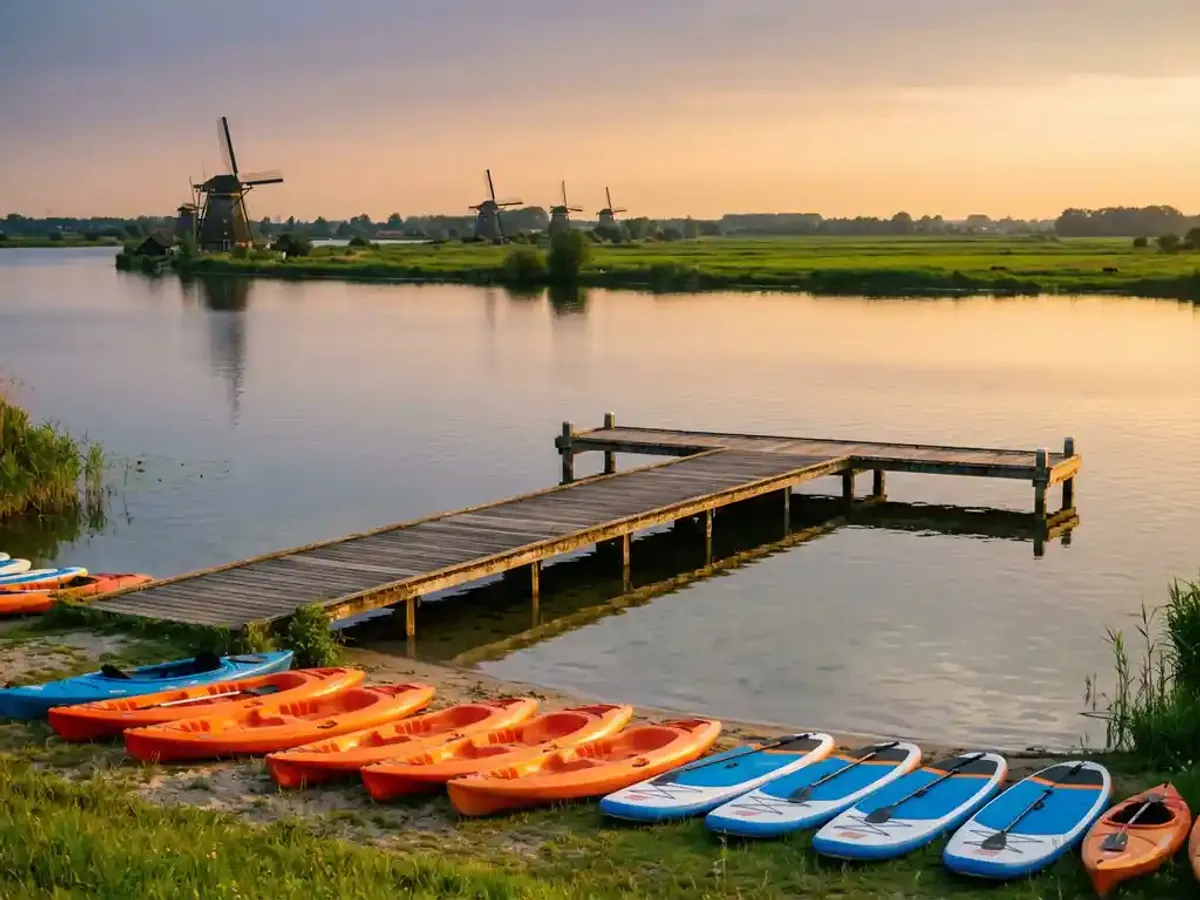 Houten steiger strekt zich uit in het heldere water van het Eemmeer, omringd door groene Nederlandse landschap met traditionele windmolens op de horizon