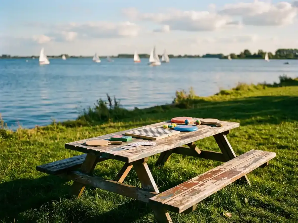 Verweerde houten picknicktafel met kleurrijke buitenspellen op grasoevers van Eemmeer, zeilboten op kalm water
