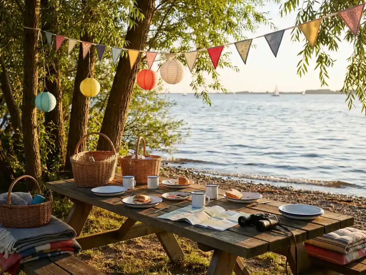 Houten picknicktafel met kleurrijke feestversiering en evenementenbenodigdheden aan de oever van het Eemmeer bij zonsondergang