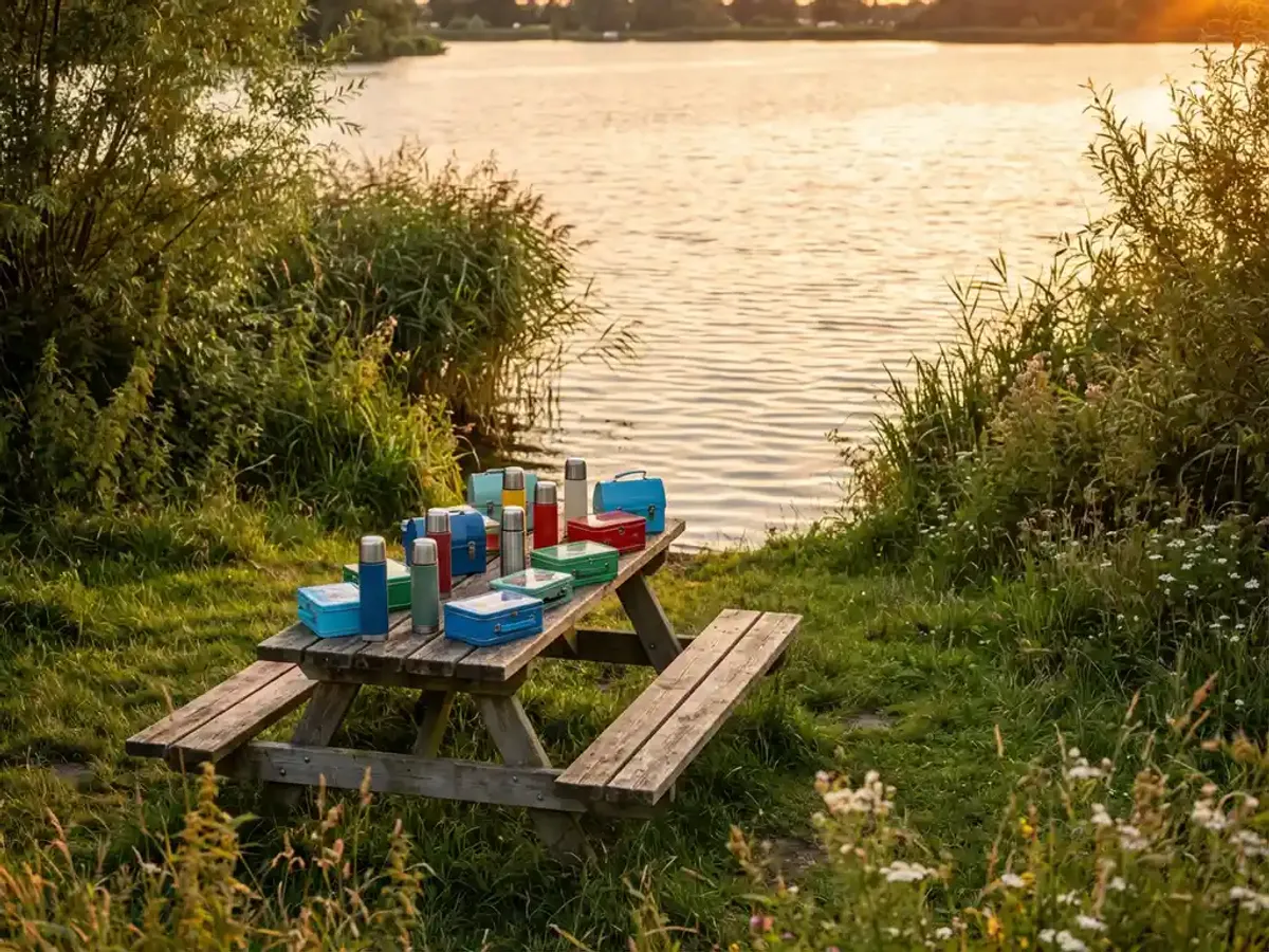 Verweerde houten picknicktafel met kleurrijke lunchboxen en thermosflessen met uitzicht op het Eemmeer bij gouden uurtje