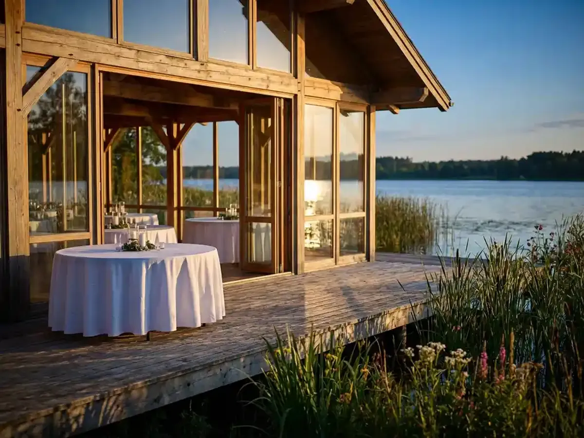 Waar moet u op letten bij het boeken van een bijzondere eventlocatie in Midden-Nederland? Rustiek houten paviljoen met glazen wanden aan het Eemmeer, elegante tafels met wit linnen op houten terras omringd door riet