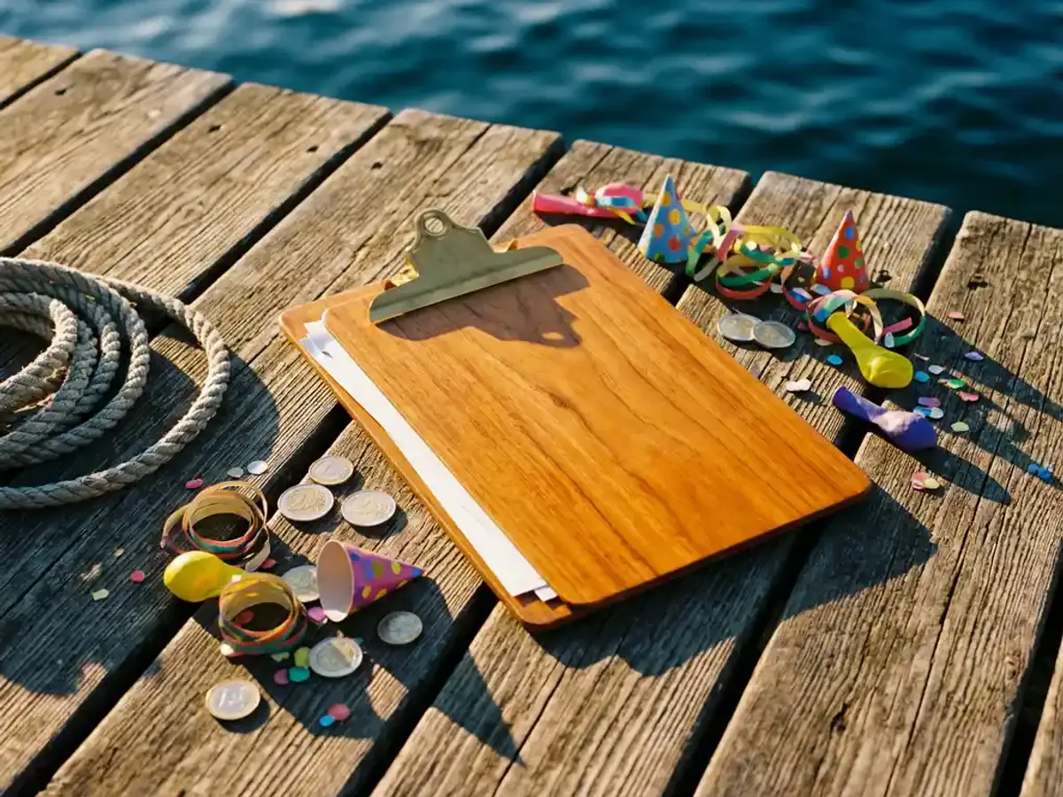 Personeelsfeest op budget of all-in: wat zijn de kostenverschillen? Houten evenementenplanning klembord met euromunten en kleurrijke feestartikelen op verweerde steiger, nautisch touw en gouden zonlicht