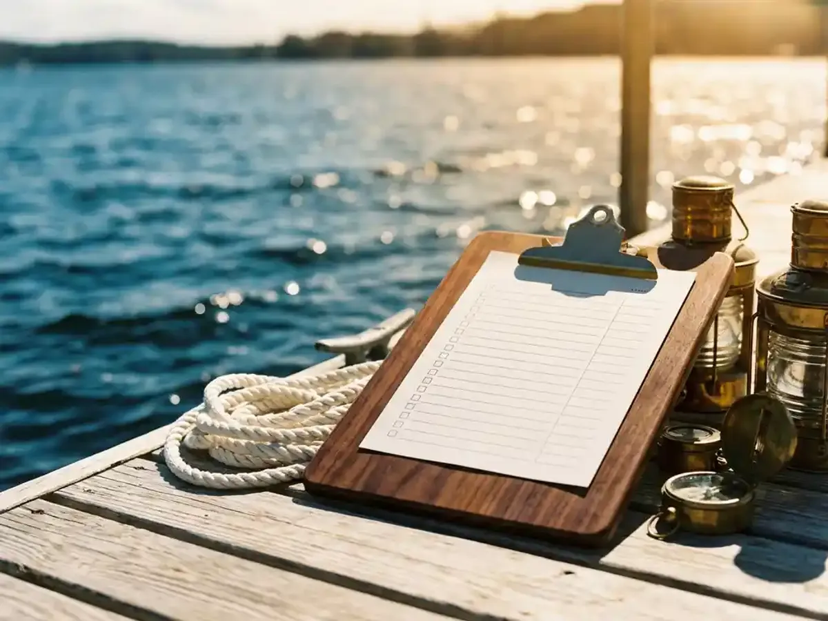Houten evenementenplannings checklist klembord op verweerde steiger naast nautisch touw en messing uitrusting, sprankelend meer op achtergrond