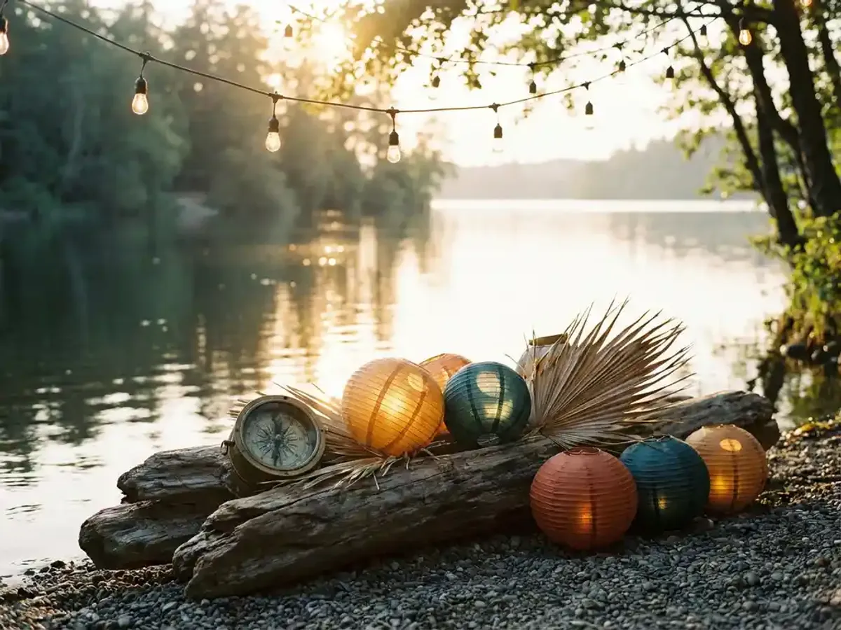 Elegante feestdecoratie met nautische kompas, kleurrijke papieren lantaarns en palmtakken op drijfhout bij kalm meer tijdens gouden uur