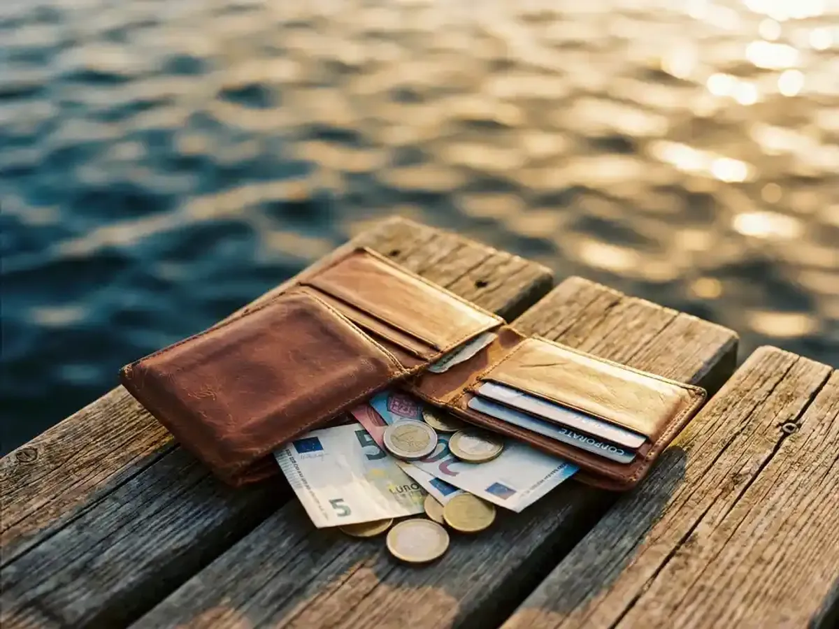 Open leren portemonnee op houten steiger met uitgevallen eurobiljetten en munten, creditcard zichtbaar, water op achtergrond