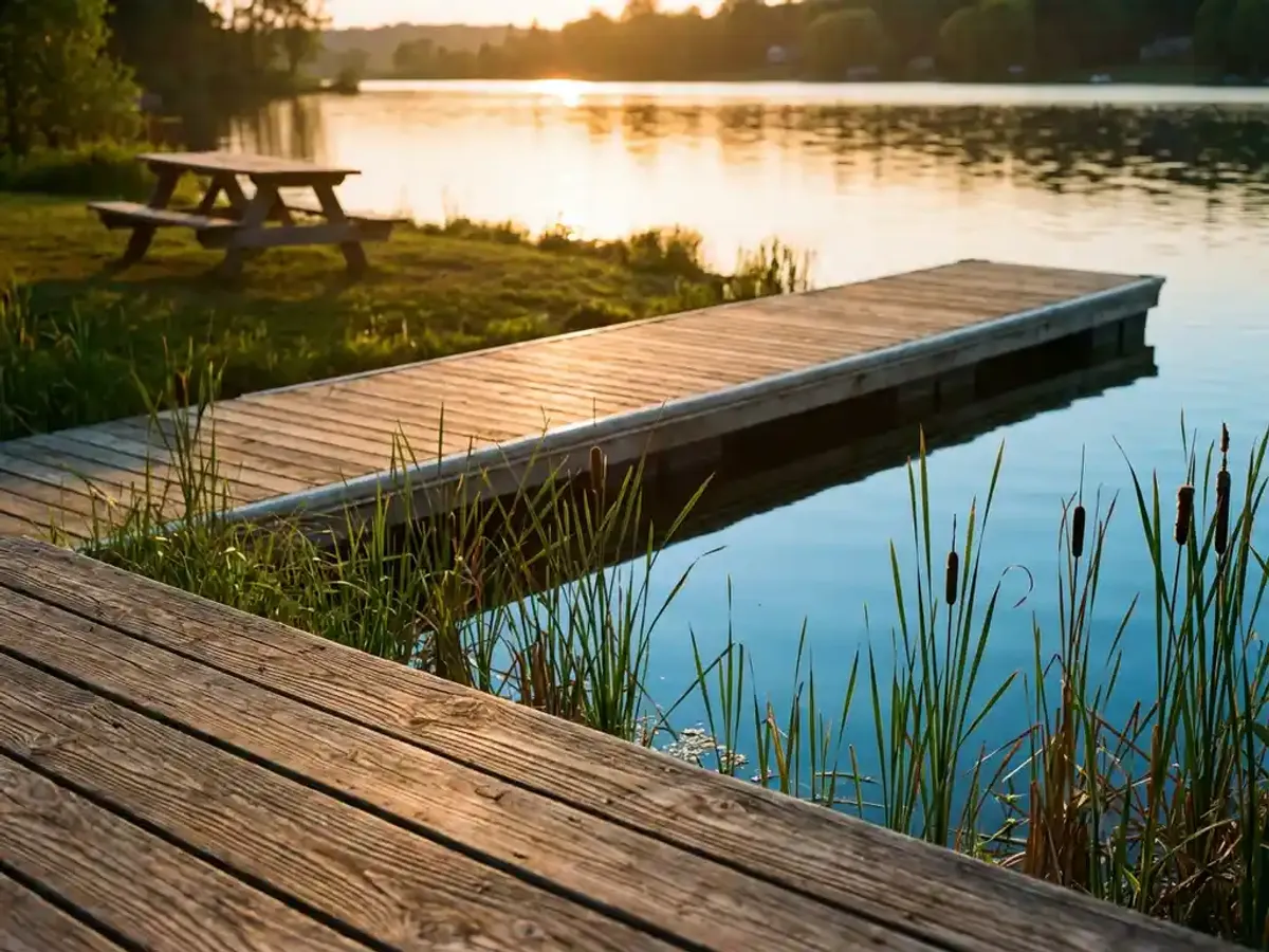 Houten steiger strekt zich uit over kalm blauw water, omringd door groene riet en lisdodde, met picknicktafel op oever