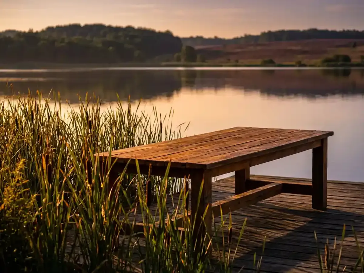 Houten vergadertafel op terras aan het Eemmeer met beboste heuvels en heide op de achtergrond bij zonsopgang