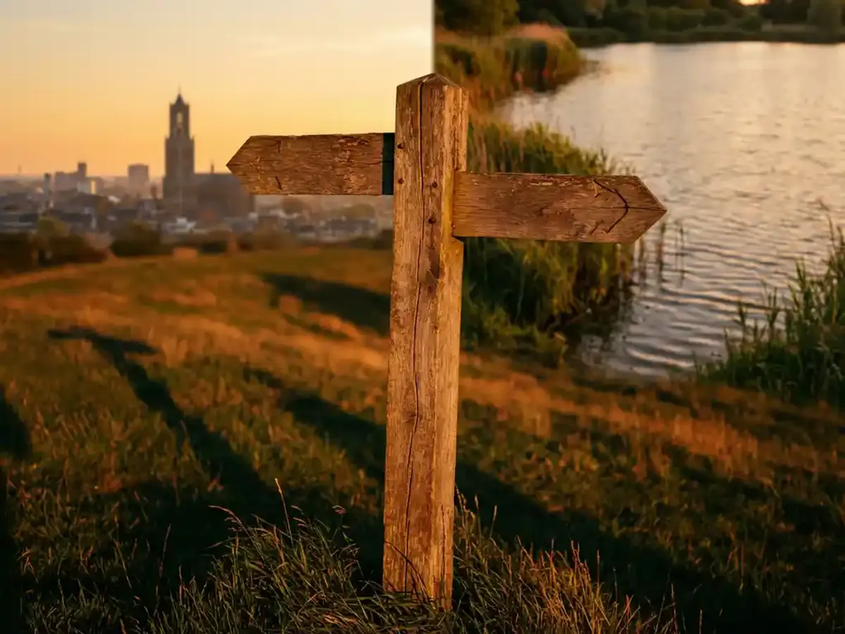Houten wegwijzer op heuvel wijst naar Utrecht kathedraal en meer met riet tijdens gouden uur