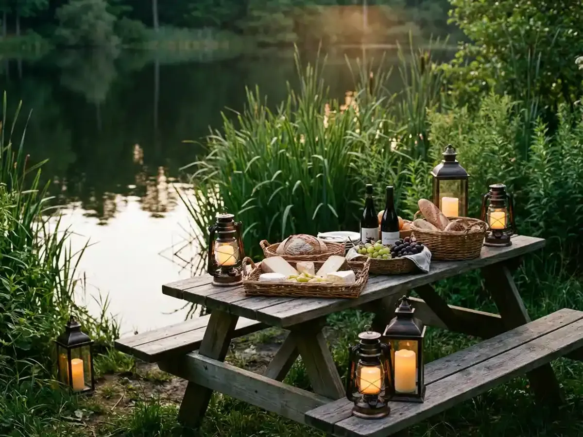 Personeelsfeest ideeën voor een kleine groep: intiem en toch onvergetelijk Houten picknicktafel aan rustig meer met artisanale kazen, brood en wijn, warme lantaarns werpen reflecties op water