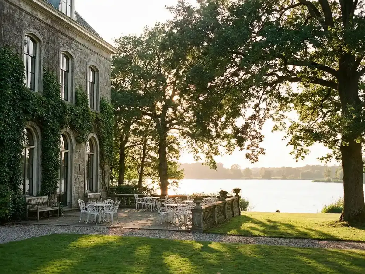 Historisch landhuis met klimop aan stenen muren kijkt uit over Eemmeer, witte smeedijzeren terrasmeubilair in groene tuinen