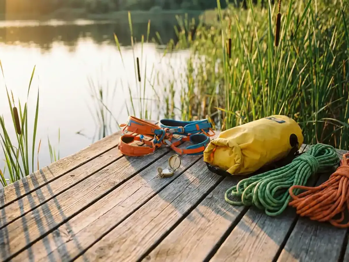 Welke teambuilding activiteiten in Utrecht zijn geschikt voor gemengde groepen? Kleurrijke outdoor avontuuruitrusting op verweerde houten steiger naast kalm meer, omringd door groene riet en lisdodden