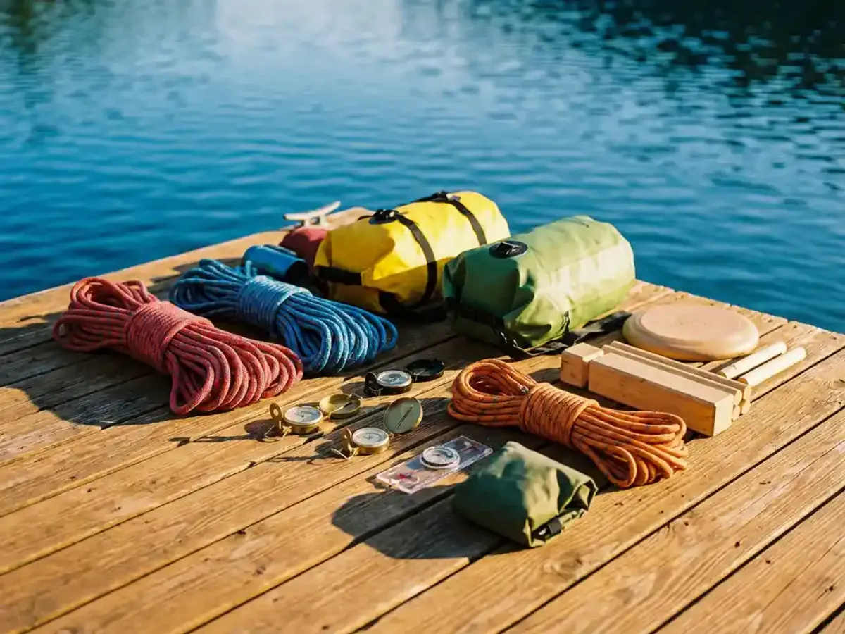 Outdoor avontuuruitrusting gerangschikt op verweerde houten steiger bij kalm meer tijdens gouden uur