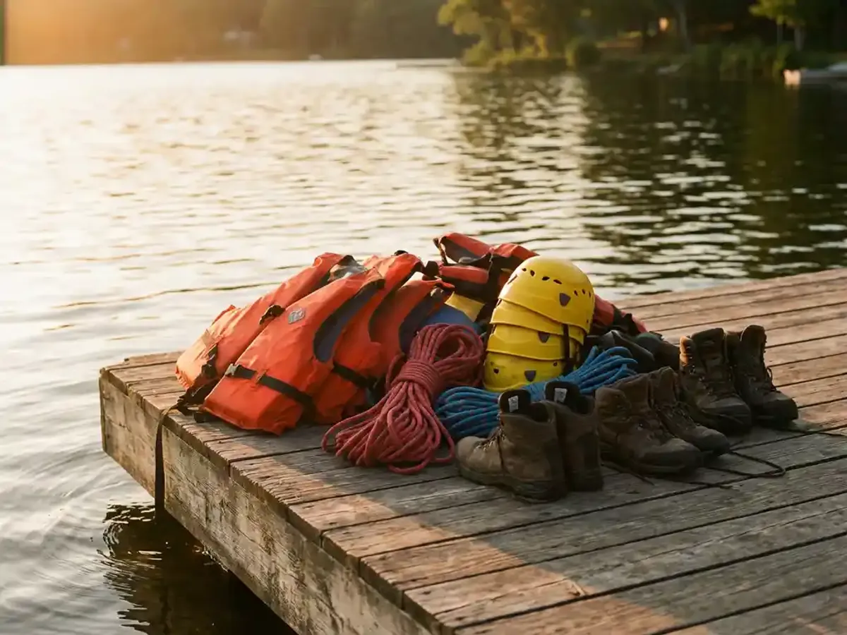 Kleurrijke buitensportuitrusting met oranje zwemvesten, klimtouwen en gele helmen op verweerde houten steiger bij kalm meer