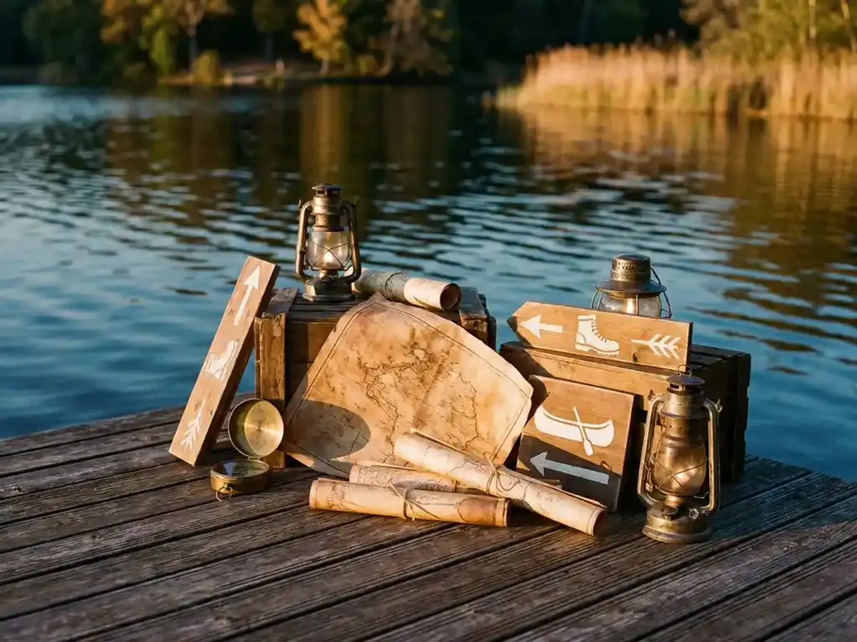 Vintage messing kompas, avonturenkaarten en kampeerlampen op verweerde houten steiger bij kalm meer tijdens gouden uur