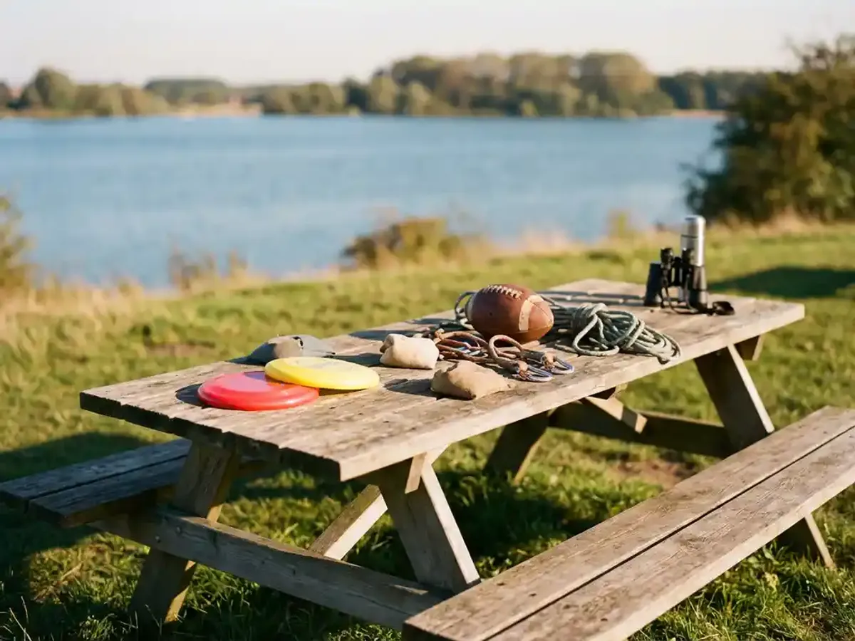 Wat zijn leuke activiteiten voor een teamuitje? Houten picknicktafel met kleurrijke buitenspellen en sportuitrusting op grasland bij het Eemmeer