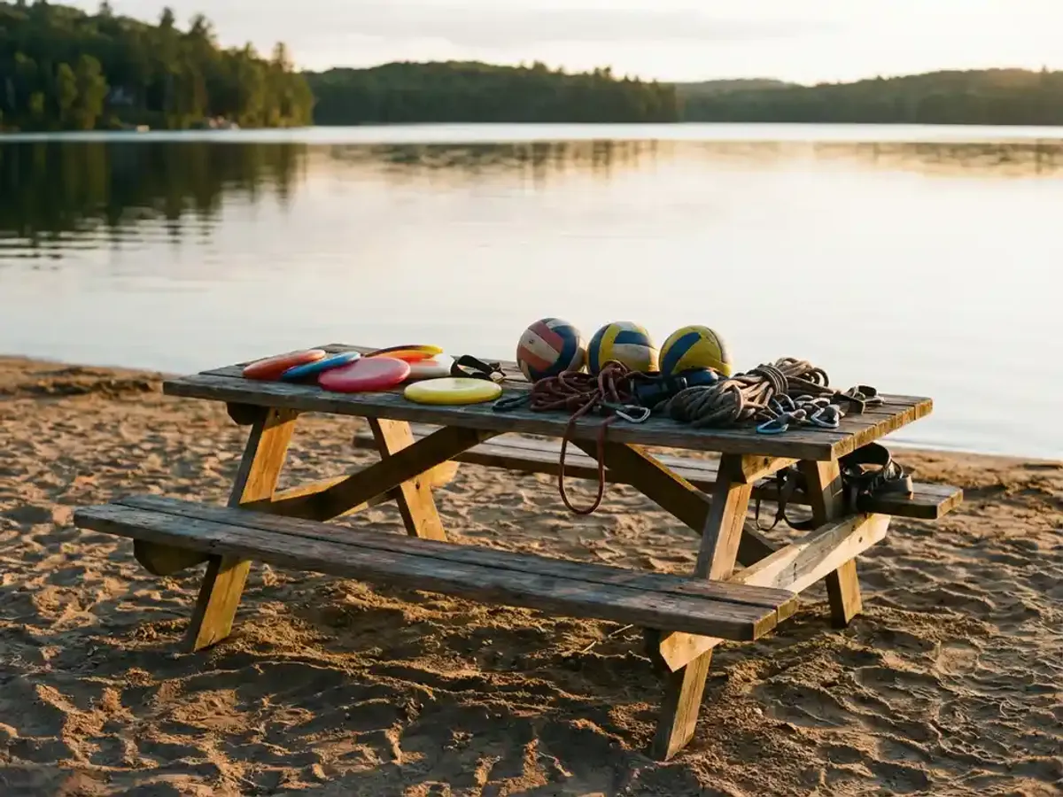 Verweerde houten picknicktafel met kleurrijke buitenspellen en sportuitrusting op zandstrand bij meer tijdens gouden uur