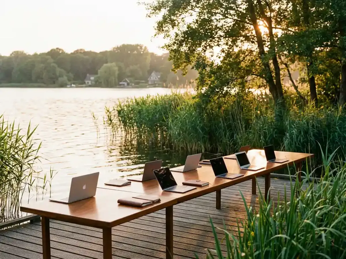 Moderne conferentietafel met laptops op houten steiger in het Eemmeer, omringd door riet en bomen in gouden namiddaglicht