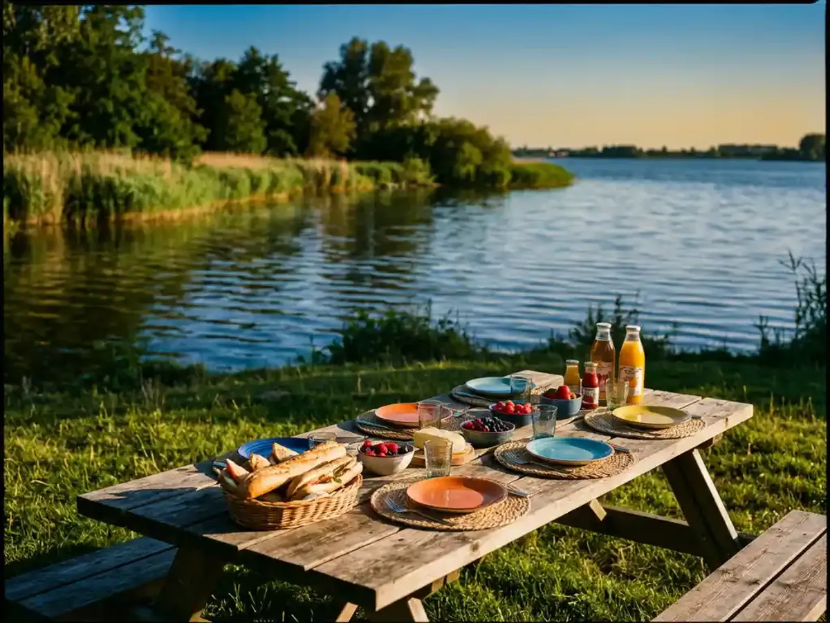 Houten picknicktafel met kleurrijk serviesgoed en verse broodjes aan de oever van het Eemmeer bij gouden middagzon