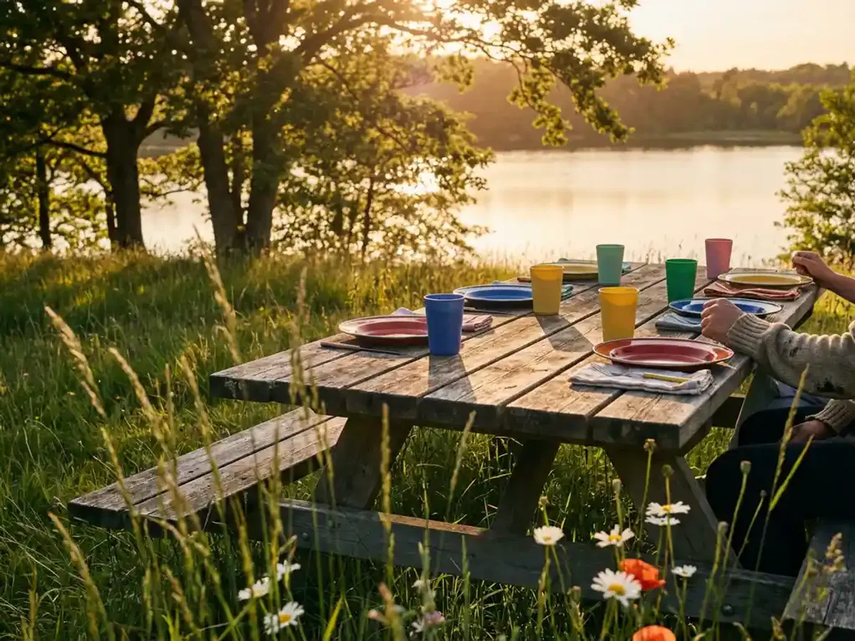 Verweerde houten picknicktafel met kleurrijke herbruikbare borden en bekers met uitzicht op meer, wilde bloemen en gouden zonlicht