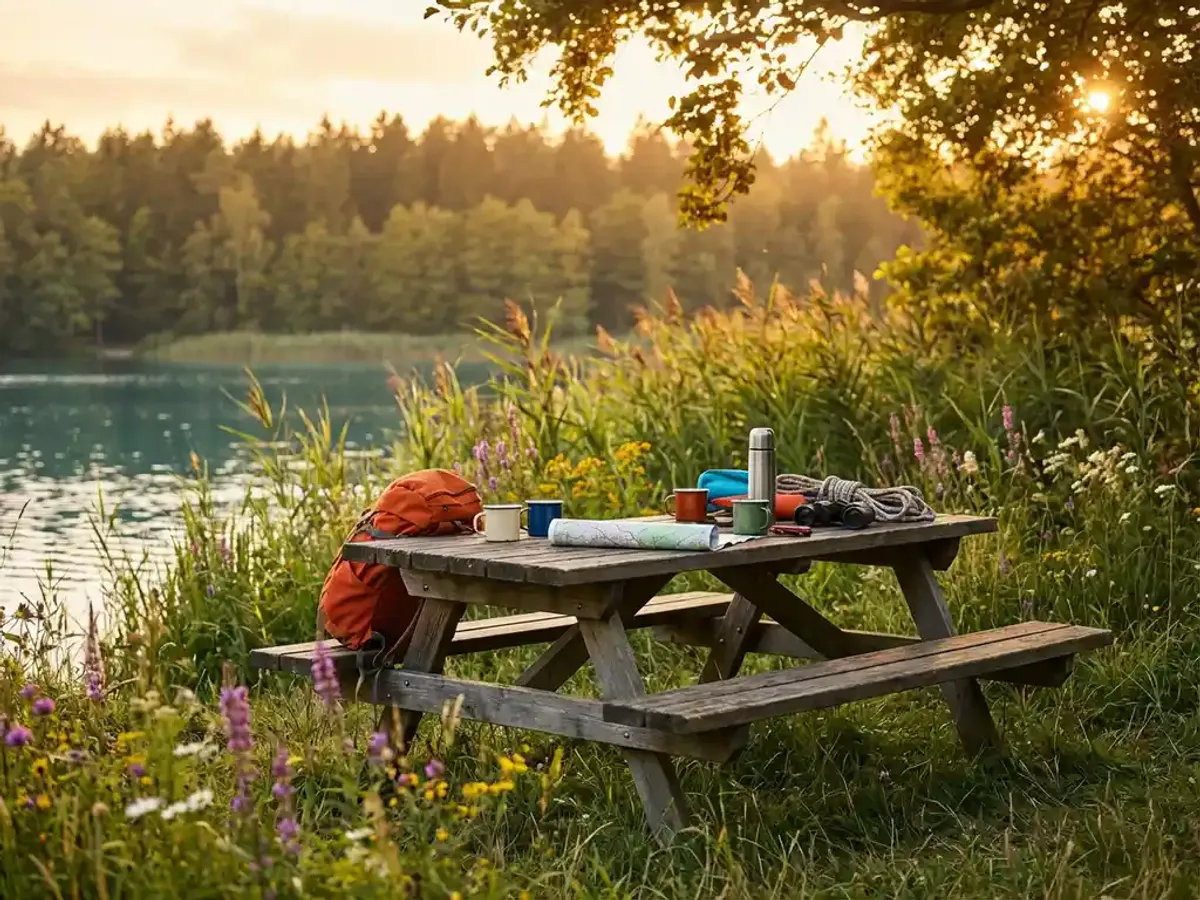 Houten picknicktafel met kleurrijke outdoor uitrusting aan pristine meer, omringd door riet en wilde bloemen tijdens gouden uur