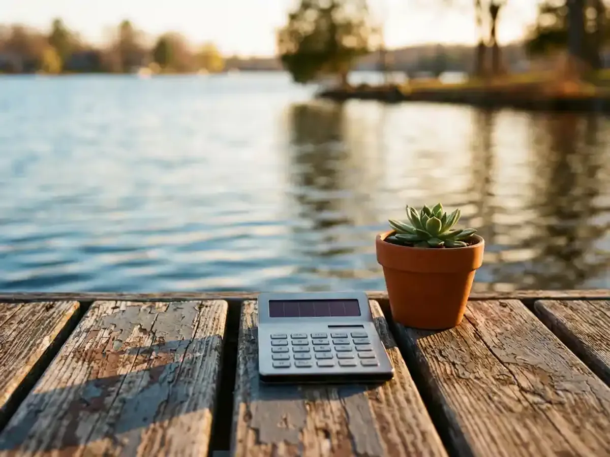 Rekenmachine op verweerde houten steiger naast vetplant in pot, met meer op achtergrond in gouden uurtje