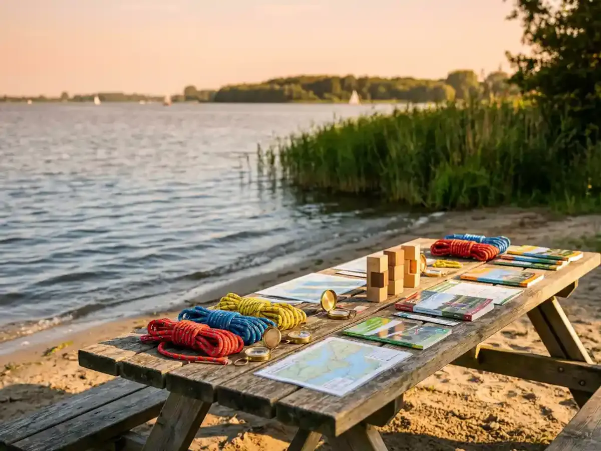 Houten picknicktafel met kleurrijke teambuilding materialen zoals touwpuzzels en kompas, uitkijkend over het Eemmeer met riet