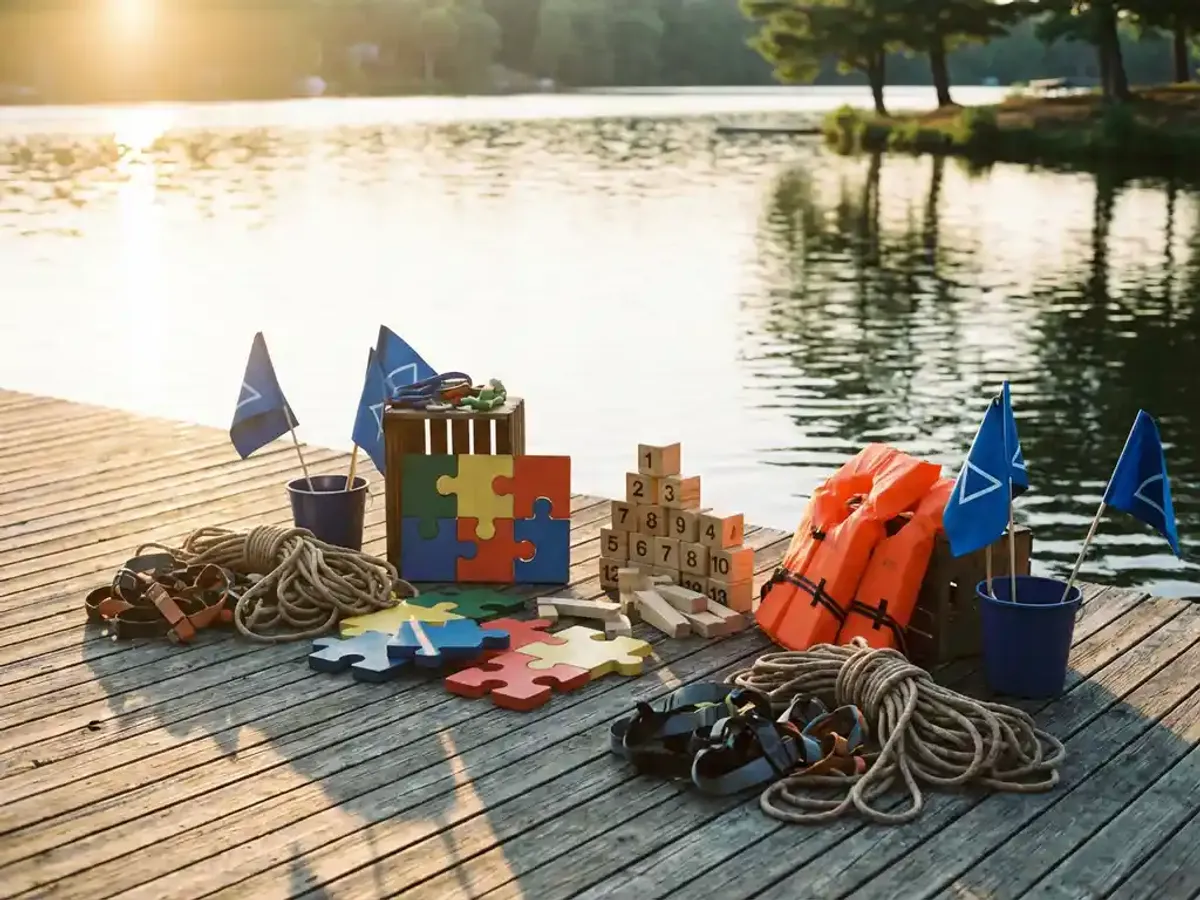 Teambuilding of workshop: wat is het verschil en wat kiest u voor uw teamuitje in Utrecht? Kleurrijke teambuilding materialen met touwen, puzzelstukjes en oranje reddingsvesten op houten steiger bij meer