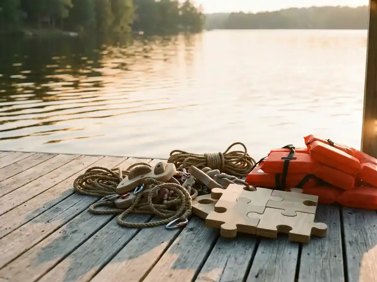 Kleurrijke teambuilding materialen op verweerde houten steiger bij kalm meer, inclusief touwklimuitrusting en puzzelstukken