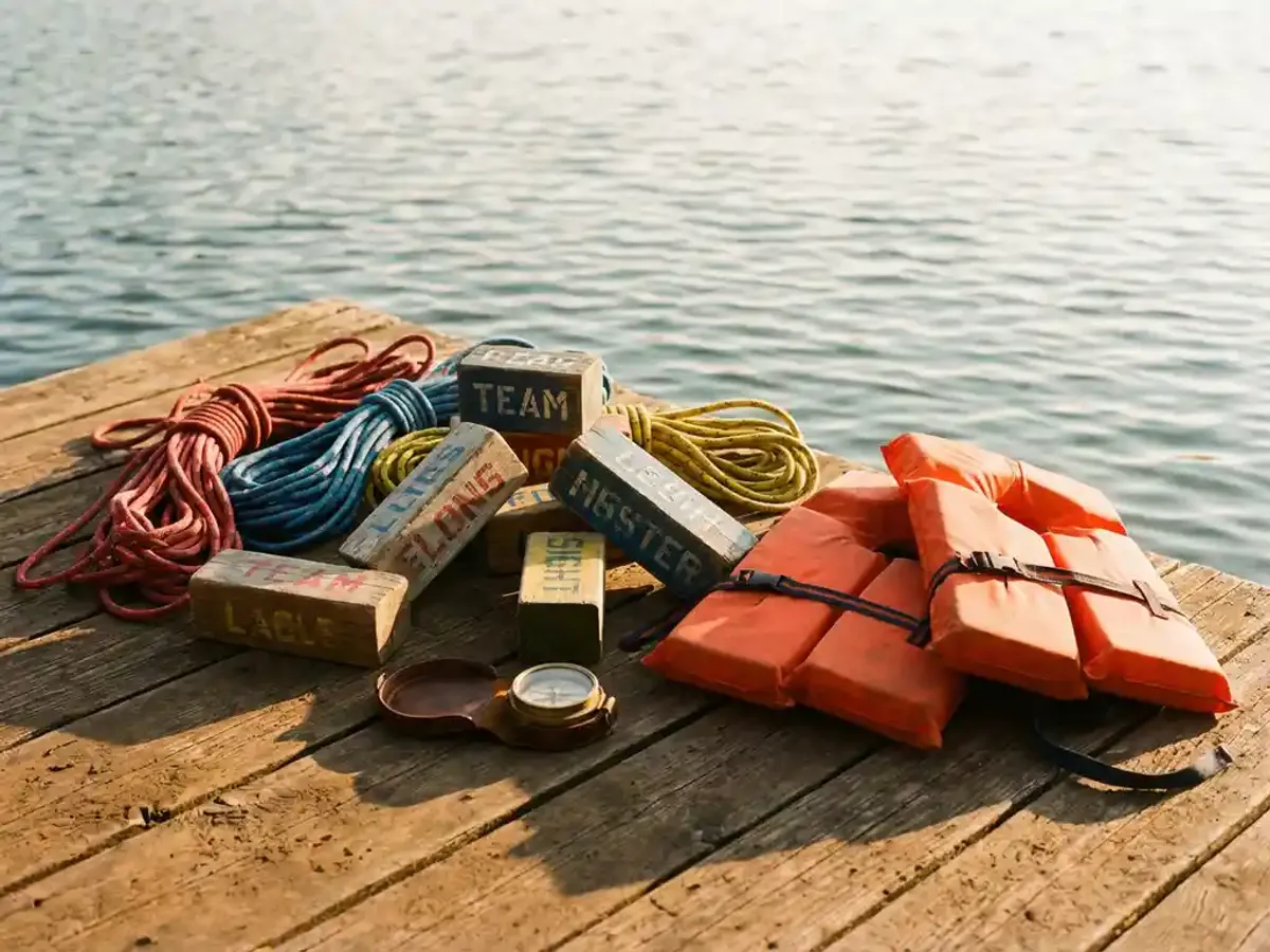 Kleurrijke collectie teambuilding materialen op verweerde houten steiger bij kalm meer, inclusief klimtouw, houten blokken, oranje reddingsvesten en vintage kompas in gouden zonlicht.