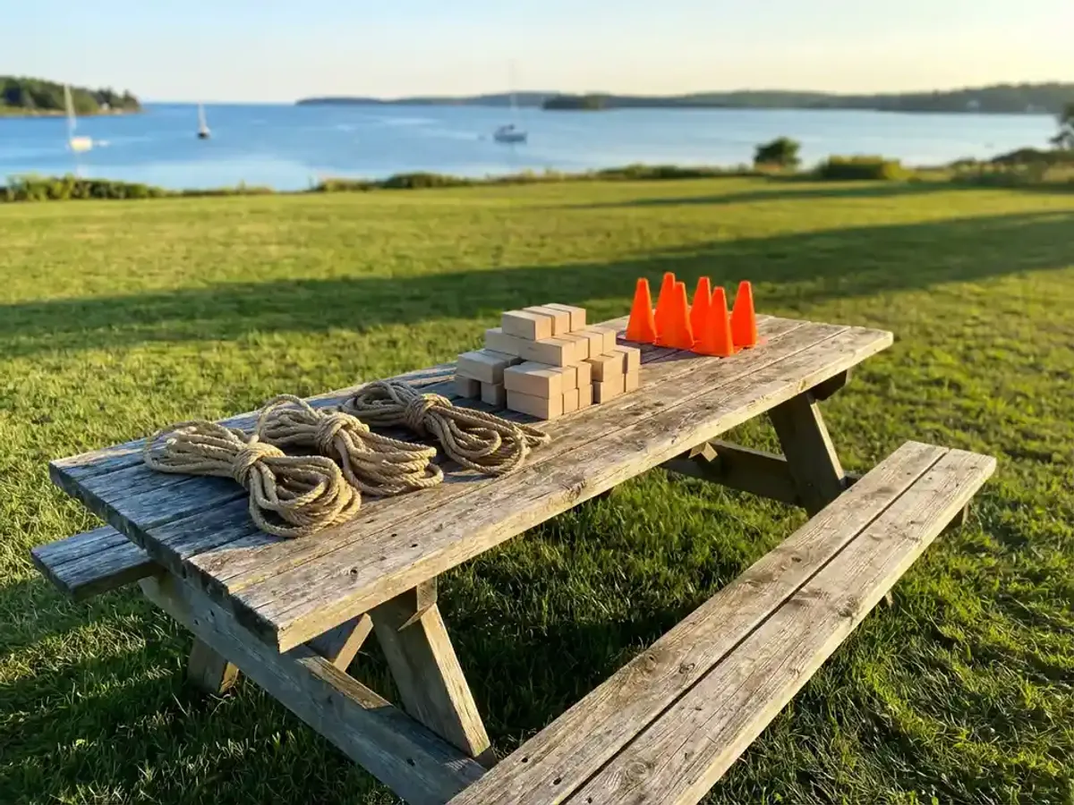 Houten picknicktafel met teambuilding materialen zoals touw, houten blokken en oranje pionnen op grasveld bij water