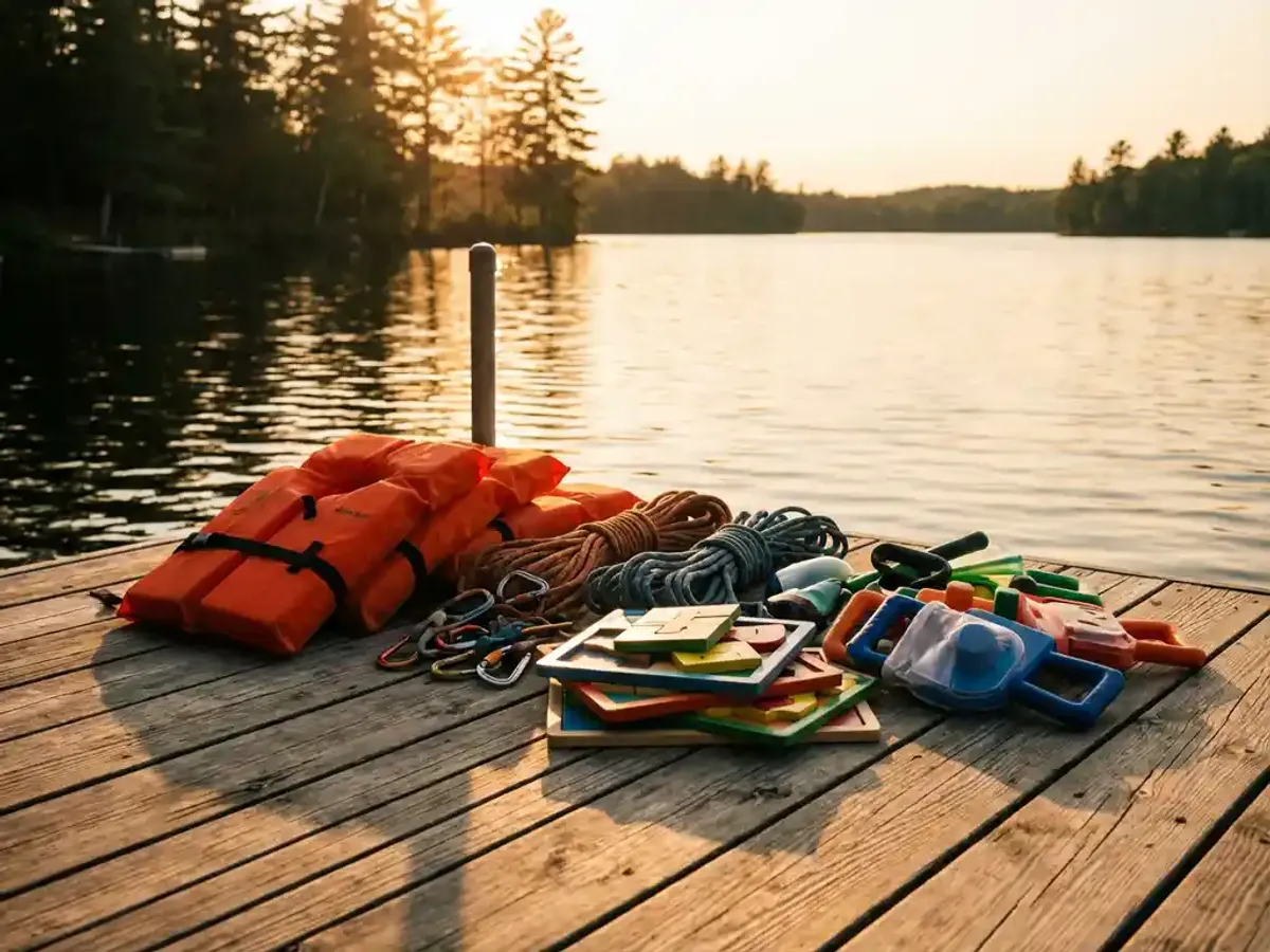 Kleurrijke collectie teamactiviteiten uitrusting op verweerde houten steiger bij kalm meer, inclusief oranje reddingsvesten en touwen