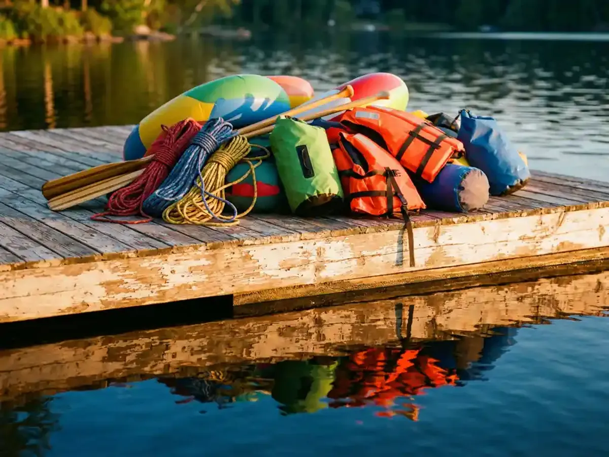 Kleurrijke outdoor teambuilding uitrusting op verweerde houten steiger met klim- en wateruitrusting, weerspiegeld in kalm blauw water tijdens gouden uur