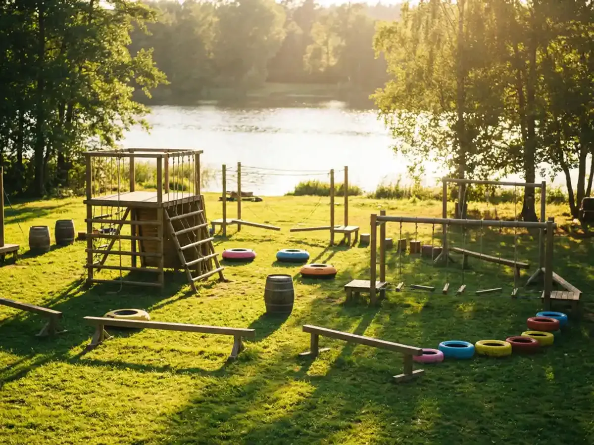 Kleurrijke obstakelparcours met touwklimstructuren en houten platforms op groen gras bij meer tijdens gouden uur