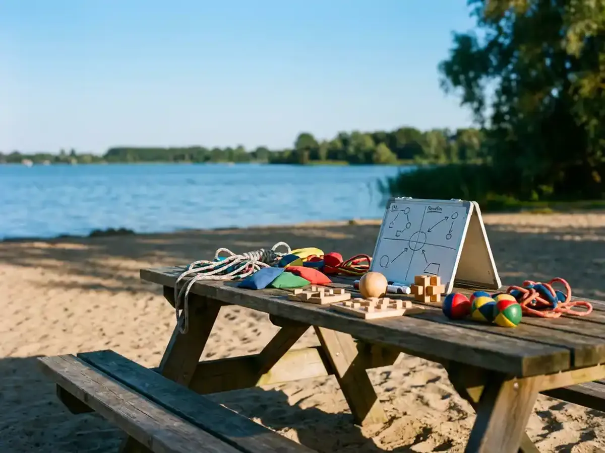 Houten picknicktafel met kleurrijke teambuilding spellen op zandstrand aan het Eemmeer onder blauwe hemel