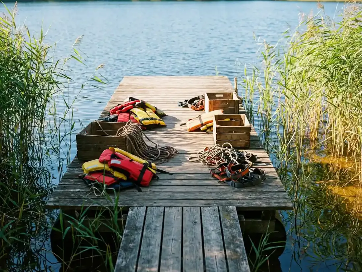 Houten steiger met kleurrijke zwemvesten en klimuitrusting uitgestrekt over kalm blauw water, omringd door groene riet