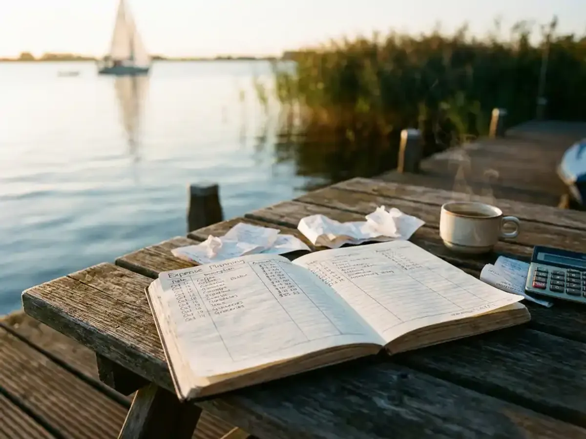 Uitgavenplanning notitieboek op houten steigertafel met bonnetjes, rekenmachine en koffie bij Eemmeer